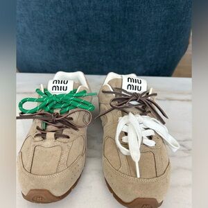 Miu Miu Tan Sneakers with Green and White Laces